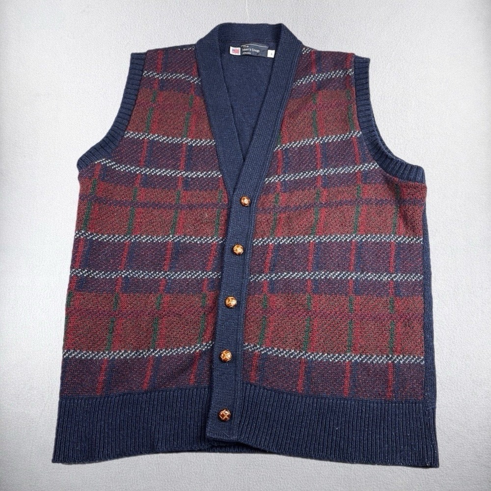 VTG JC Penney Cardigan Sweater Mens Large Knit Plaid Shetland Wool USA 70s True